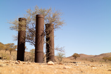 Water towers in a dry arid area - obrazy, fototapety, plakaty