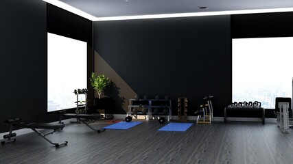 Black blank wall in modern gym interior with wooden floor