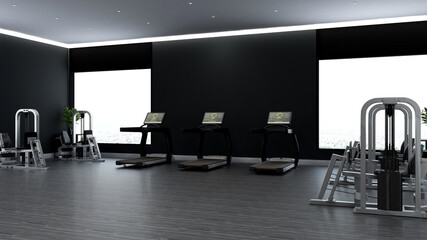 Fototapeta na wymiar Black blank wall in modern gym interior with wooden floor