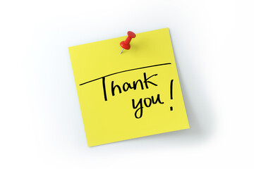 thank you written on yellow sticker note over white background