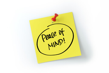 peace of mind written on yellow sticker note over white background