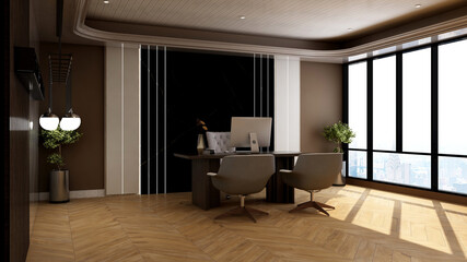 modern business office manager room with 3d design interior for company wall logo mockup