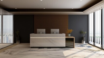 Fototapeta na wymiar luxury office front desk or receptionist room with wooden design interior