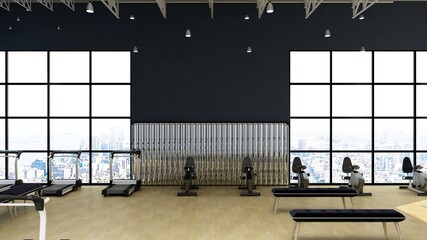 modern gym wall logo mockup with fitness equipment