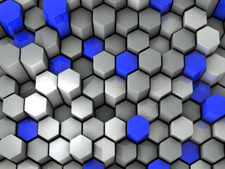 林立し密集する青とグレーの六角柱の集合体。デコボコしたハニカム構造。3Dレンダリング。