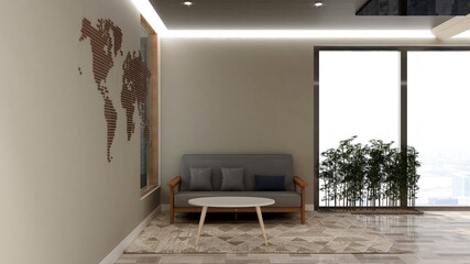 modern office lobby waiting room 3d render interior with sofa for logo mockup