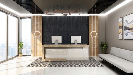 Luxury office receptionist 3d render for company wall logo mockup