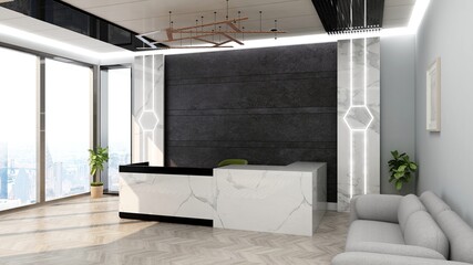 Luxury office receptionist 3d render for company wall logo mockup