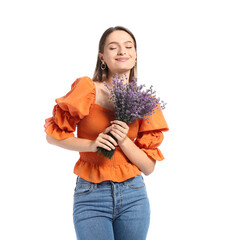 Beautiful young woman with bouquet of lavender on white background