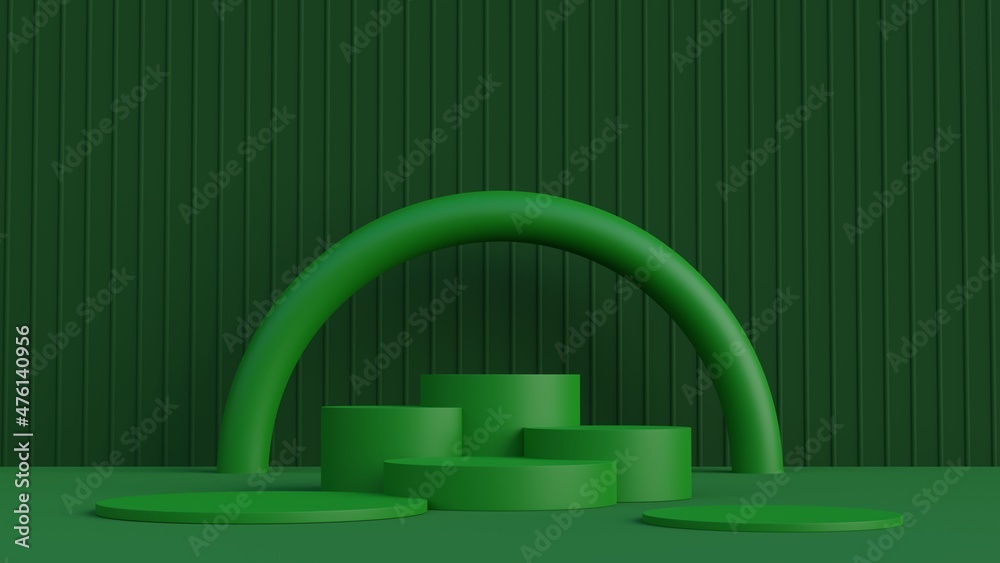 Poster Minimal scene with Cylinder podiums on green background.Abstract geometric shape for products presentation.3D render illustration.