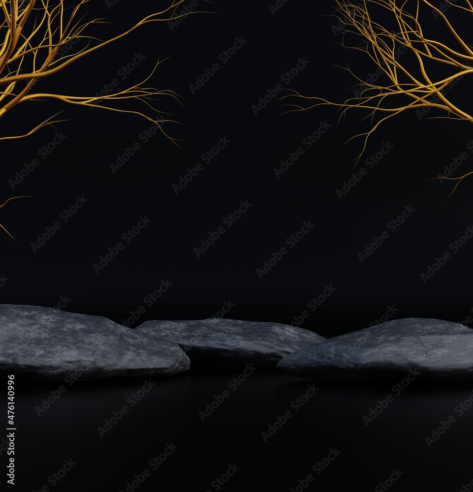 Poster Minimal dark scene with rock stone on black color background.Abstract geometric shape for products presentation.3D render illustration.