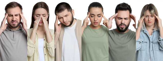 Collage with photos of people suffering from headache on white background. Banner design