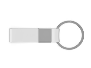 Blank keychain mock up on isolated white background for branding, 3d render illustration.