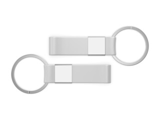 Blank keychain mock up on isolated white background for branding, 3d render illustration.