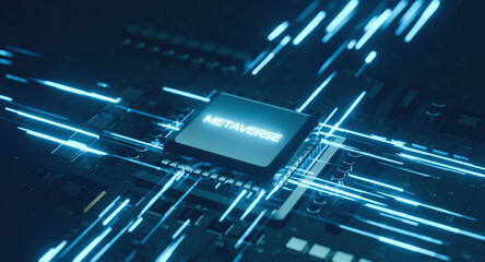 3D Rendering of CPU on computer motherboard background with glowing text labeled as Metaverse. Concept of virtual parallel universe, virtual reality, future technology