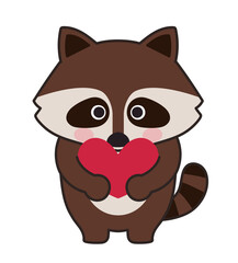 Raccoon with a love heart. Vector illustration isolated on a white background.