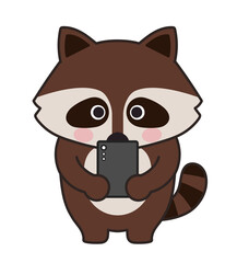 Raccoon watching a smartphone. Vector illustration isolated on a white background.