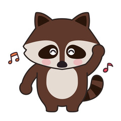Raccoon dancing happily with musical notes. Vector illustration isolated on a white background.