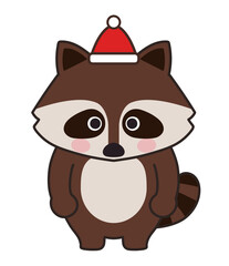 Raccoon wearing a Santa hat happily. Vector illustration isolated on a white background.