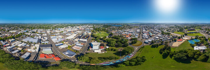 Fototapeta na wymiar Seamless 360 degree aerial drone panoramic view over the city of Hamilton, captured over Hinemoa Park, in the Waikato region of New Zealand.