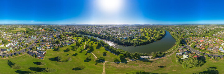 Seamless 360 degree aerial drone panoramic view over the city of Hamilton, captured over Days Park,...