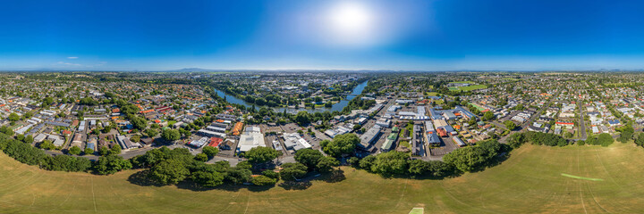 Seamless 360 degree aerial drone panoramic view over the city of Hamilton, captured above Steele Park, Hamilton East, in the Waikato region of New Zealand.