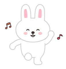 Rabbit dancing happily with musical notes. Vector illustration isolated on a white background.