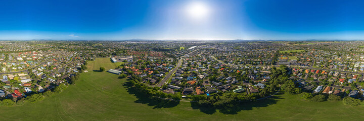 Seamless 360 degree aerial drone panoramic view over the city of Hamilton, captured from Flagstaff Park, in the Waikato region of New Zealand.