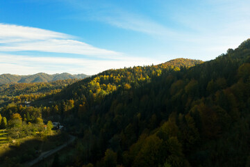Obraz premium Aerial view of beautiful mountain forest with road on autumn day