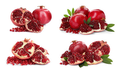 Set with tasty ripe pomegranates on white background
