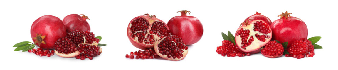 Set with tasty ripe pomegranates on white background. Banner design