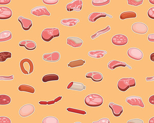 Vector flat seamless texture pattern Meat and sausage.