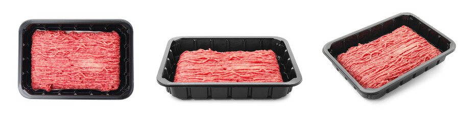 Set with fresh raw minced meat on white background. Banner design