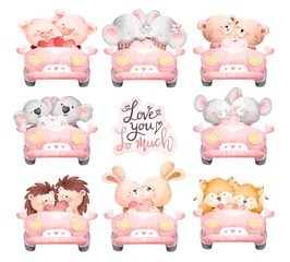 Watercolor cute couple animal  set in pink car 