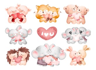 Watercolor cute couple animal  set  © Stella