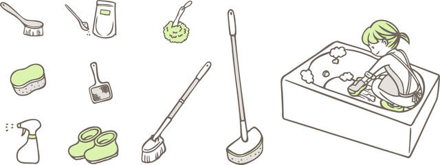 浴槽を掃除する女性と風呂掃除用具