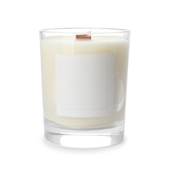 Aromatic soy candle with wooden wick isolated on white