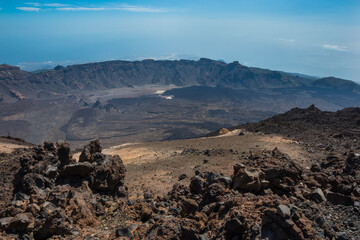 Panoramic view of Mount Teide largest crater from the peak of it's volcano - Santa Cruz de Tenerife, Canary Islands, Spain