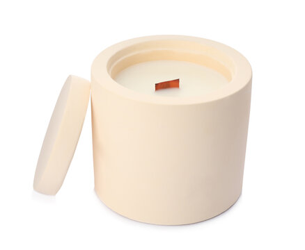 Aromatic soy candle with wooden wick isolated on white