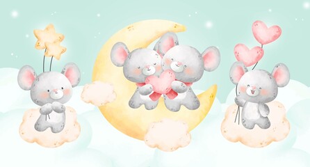 Watercolor cute couple mouse set 