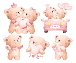 Watercolor cute teddy bear with love elements set 