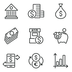 Set of money or financial thin icon vector in trendy flat style isolated on white background, designed business concept symbol collection with bank, coins, money bag, banknote, ATM, piggy bank etc.