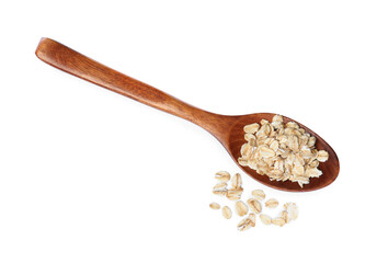 Raw oatmeal and wooden spoon on white background, top view