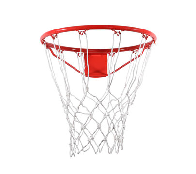 Modern red basketball hoop with net on white background