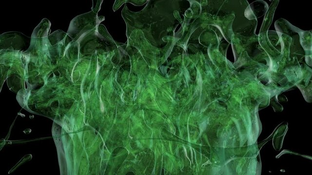Green water splash reveal in slow motion on a transparent alpha channel.