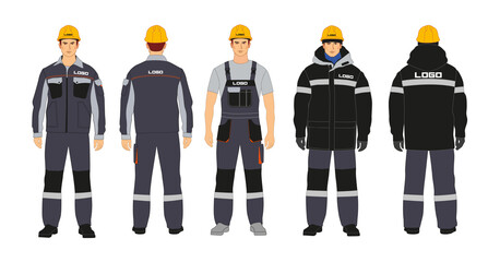 Workwear branding. Blanks for corporate identity. Workwear options. Black and gray colors. A man in a winter jacket and overalls