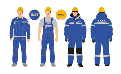 Workwear branding. Blanks for corporate identity. Workwear options. Blue and gray colors. Man in winter jacket and overalls