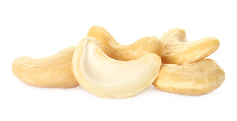 Pile of tasty organic cashew nuts isolated on white