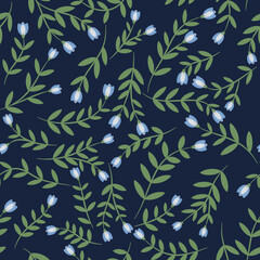 Bluebell flower seamless pattern on dark navy blue background
