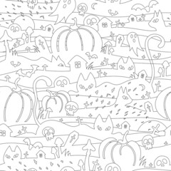 Halloween seamless pattern for coloring. Contour drawing with pumpkin, cat, skull, ghost. Black and white doodle background for print, banner or wallpaper. Drawing isolated on a white background.